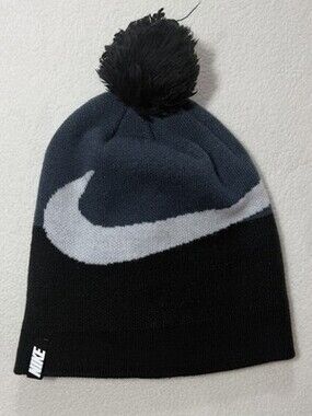 Nike Youth Pom Beanie Hat Black Gray Large Swoosh Knit Winter Acrylic 3D Tag